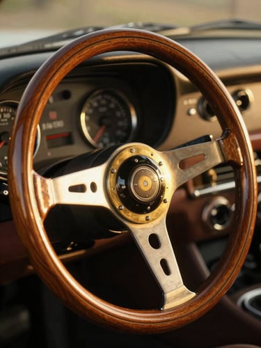 Close-up of a vintage wooden steering wheel and classic dashboard gauges, warm golden-hour light highlighting the grain of the wood and the polished brass bezels.