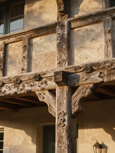 Close-up detail of historic timber framing and hand-carved stone masonry inside an estate, soft warm side-lighting, rich textures.