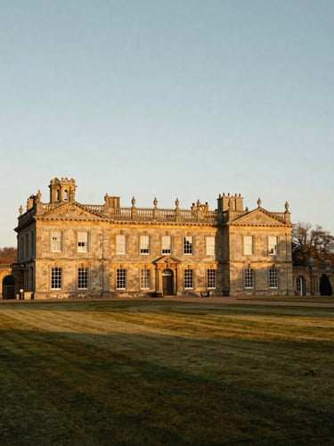 Wide environmental landscape of a historic stone estate at golden hour, low-angle natural sunlight casting soft warm shadows across manicured grounds.