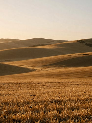 Wide environmental landscape of sun-drenched agricultural fields at golden hour, low-angle natural sunlight casting soft warm shadows over rolling hills, medium format film style.