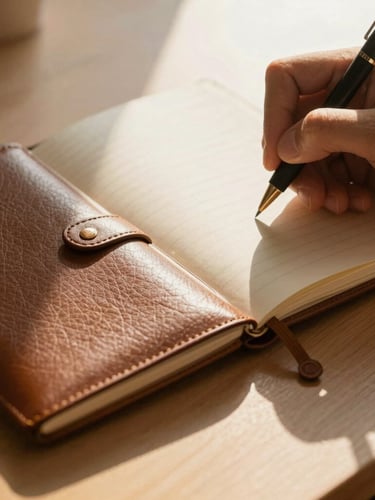 Extreme close-up of hands writing in a premium textured leather notebook on a clean minimalist wooden desk, soft morning sunlight, high-contrast shadows