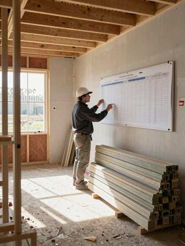 Wide documentary shot inside an active house-flip job site, construction materials stacked along the right wall, a site supervisor reviewing a printed timeline pinned to a permit board under bright natural daylight streaming through unfinished windows, framing left open to show raw drywall and exposed framing