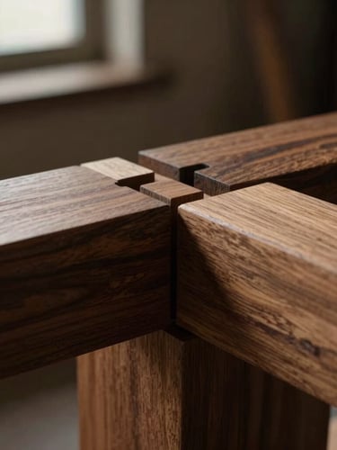 Extreme macro detail shot of interlocking mortise and tenon wood joints, rich walnut timber, moody side-lighting from workshop window, shallow depth of field