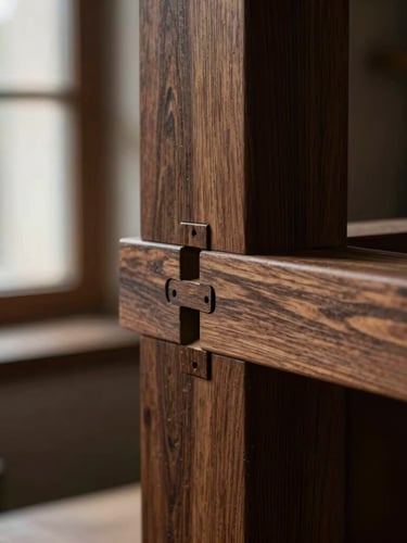Extreme close-up of a mortise and tenon joint in dark walnut wood, low-key moody workshop window light, rich wood grains