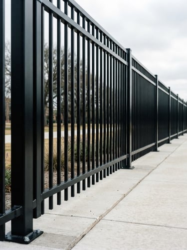 Low-angle architectural photograph of a perfectly aligned powder-coated steel fence, stretching into the distance under crisp overcast daylight, emphasizing height and strength, clean joinery.