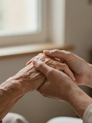 A close-up of a caregiver gently holding an elderly patient's hand under soft, warm window light, shallow depth of field, warm editorial photography.