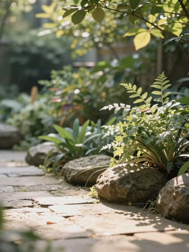 Serene garden corner with a stone path, soft green foliage, and warm sunlight filtering through leaves, peaceful sanctuary atmosphere, shallow depth of field.