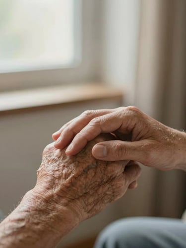 Close-up of a caregiver gently holding an elderly patient's hand, soft natural window light, warm tones, shallow depth of field