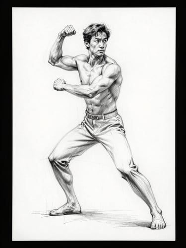 A vertical portrait character sheet showing expressive gesture sketches of an athletic figure in motion, clean pencil lines on a stark white digital canvas.
