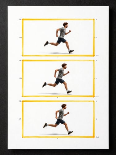 A crisp digital storyboard sheet on a clean white canvas, showing three sequential panels of a character running, pencil-yellow frame borders, technical timing annotations in the margins.