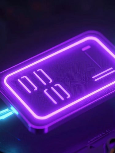 Dramatic macro 3D render of a glowing neon purple digital keycard floating in a dark obsidian space, electric cyan light trails, high-tech interface lines, ultra-detailed.