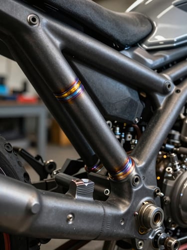 Extreme close-up of raw golden TIG welds on a matte charcoal motorcycle frame, hard high-contrast side lighting, industrial workshop background, portrait orientation.