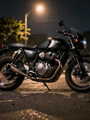 Low-angle dynamic shot of a matte-black cafe racer on Jakarta wet asphalt at night, sharp yellow sodium streetlamp glare reflecting on billet aluminum engine parts, high contrast shadows.