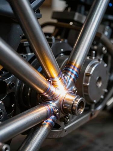 Extreme close-up of raw, exposed TIG welds on a custom motorcycle steel frame, dramatic high-contrast yellow sodium streetlamp glare, heavy shadows, industrial texture.