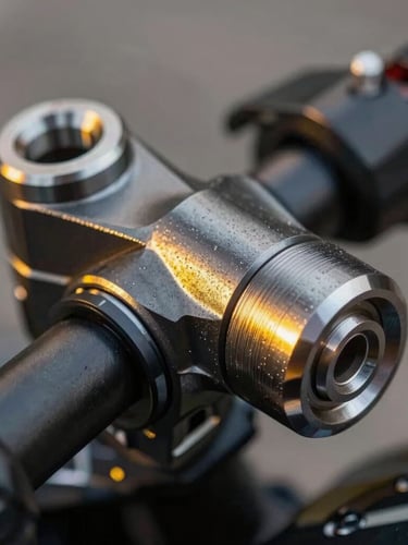 Extreme close-up of a CNC machined motorcycle triple clamp, raw tool marks visible, hard contrast lighting, dark metallic surface, yellow sodium glare reflection.