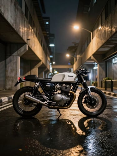 Wide low-angle shot of a custom cafe racer motorcycle speeding through a dark Jakarta concrete canyon at night, motion blur, yellow streetlights reflecting off the wet asphalt.