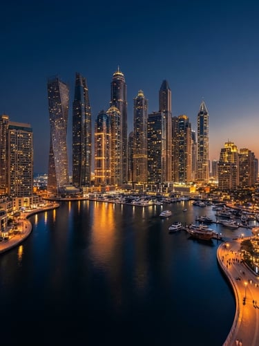 Dramatic wide-angle architectural shot of the Dubai Marina skyline at twilight, deep blue water reflecting warm gold tower lights, high-contrast geometric shadows, ultra-luxury editorial style.