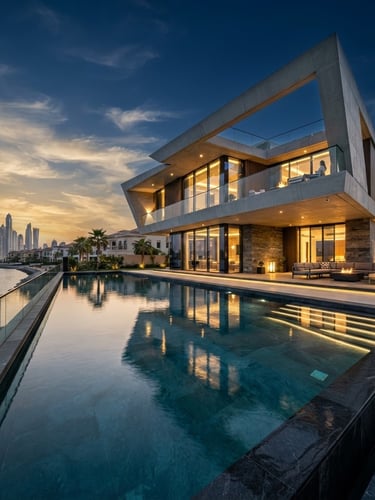Dramatic low-angle architectural shot of a modern luxury villa in Palm Jumeirah at golden hour, sharp geometric concrete lines, reflecting pool in foreground, high-contrast twilight.