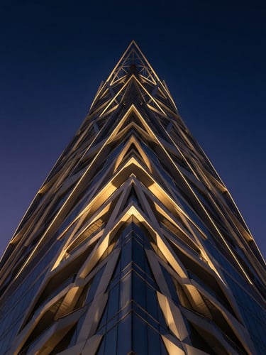 Dramatic low-angle architectural shot of a modern Dubai skyscraper crown at twilight, sharp geometric shadows, gold lighting accents