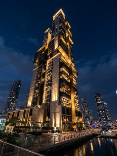 Cinematic twilight view of a cutting-edge luxury residential skyscraper in Dubai Marina, sharp geometric concrete lines, warm golden uplighting reflecting on brushed brass panels, deep navy sky, wide-angle low-perspective architectural photography.