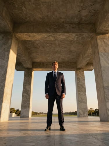 Low-angle architectural portrait of a principal architect in a dark tailored suit, standing in a sun-drenched concrete and marble pavilion, golden hour light, high-contrast shadows.