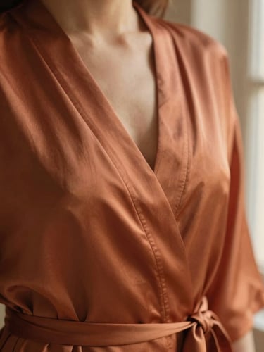 Close-up of elegant draped raw silk robe in warm terracotta clay tone, soft golden-hour window light, shallow depth of field, 35mm