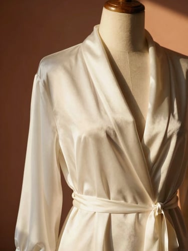Close-up of draped ivory raw silk robe on a vintage mannequin, soft morning golden-hour light filtering through a window, warm terracotta shadows