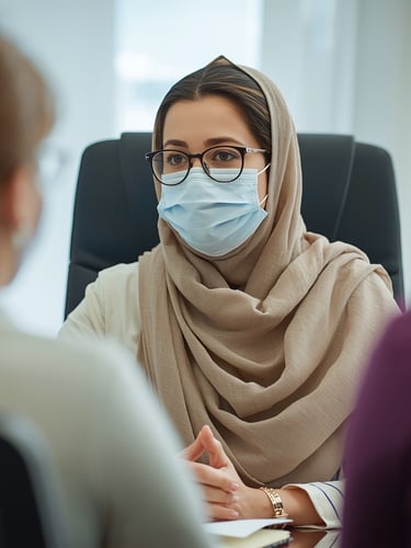 A professional woman in a hijab and face mask leading a business meeting in a modern office.