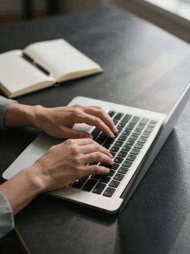Close overhead view of a focused professional's hands typing on a laptop on a clean dark desk, a small open notebook beside it, soft directional window light raking across the surface, shallow depth of field