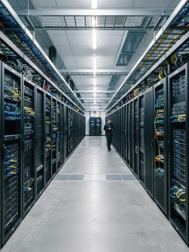 Wide shot of pristine server aisles with cool industrial lighting, deep slate and steel tones, sharp focus, 35mm lens