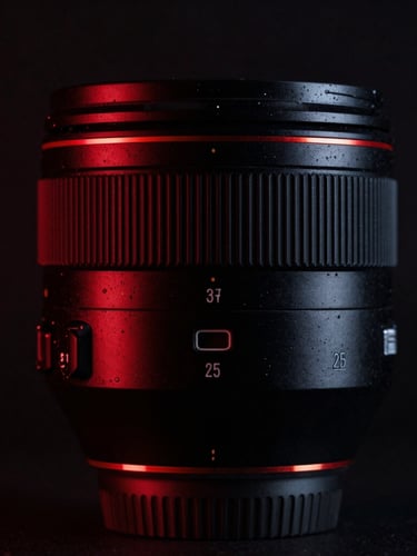 Cinematic close-up of a premium camera lens with subtle red neon reflections in a dark studio, moody luxury aesthetic, 35mm