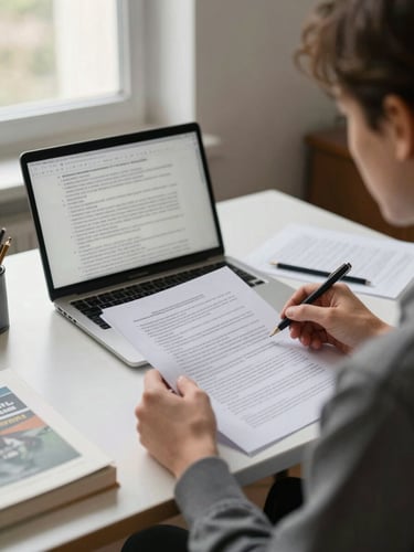 Over-the-shoulder view from the right side, a person seated at a wide desk reviewing printed documents and a laptop screen showing dense multilingual text, natural daylight from a window to the left, warm ambient office environment, papers and reference books visible in soft focus foreground