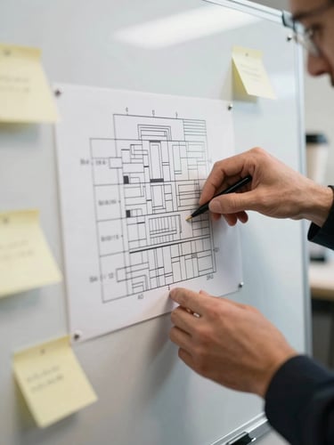 Close-up of hands arranging printed workflow diagrams on a whiteboard surface in a real office, natural overhead light, sticky notes with short text labels visible at the edges, a coffee mug in the far corner