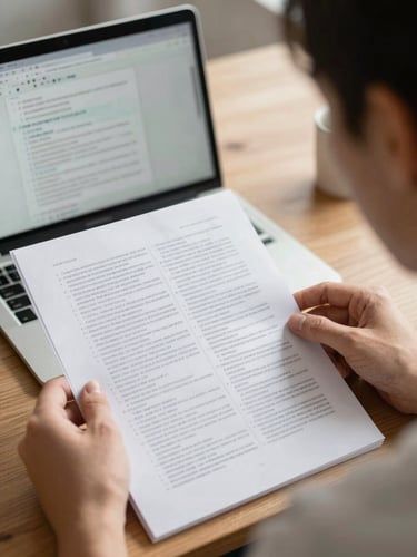 Over-the-shoulder view from the right side, person seated at a wooden desk reading a printed document with dense multilingual text columns, natural window light falling across the page, a second open laptop with a localization tool visible in the soft background