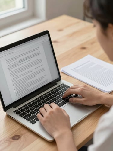 Over-the-shoulder view from the right side, wide environmental framing — a person's hands resting on an open laptop with a multilingual document visible on screen, a printed page with text in two languages lying beside the keyboard on a pale wood desk, warm natural daylight from a window at the left edge, shallow depth of field pulling focus to the text on screen