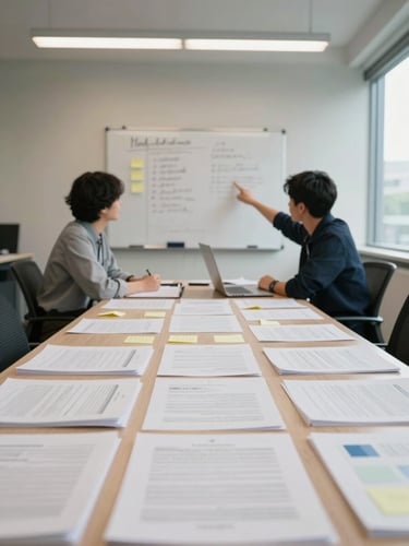 Wide environmental shot from a slight distance — two people seated across from each other at a long table covered in printed documents and sticky notes, one person pointing at a whiteboard with handwritten text visible in the background, warm overhead office lighting mixed with daylight from a window to the right, real working environment, papers and reference materials in the foreground