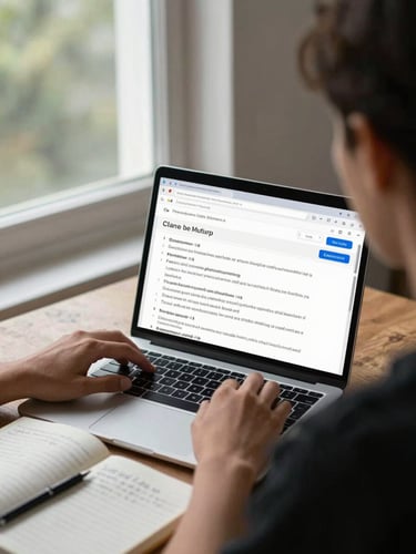 Over-the-shoulder view of a practitioner editing multilingual search content on a laptop, natural daylight from a wide window to the left, multiple language strings visible on screen, a notebook with handwritten test notes open beside the keyboard