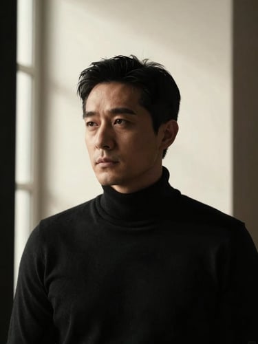 Cinematic portrait of a male creative director in a black turtleneck, looking thoughtfully away, dramatic chiaroscuro lighting, rich monochrome, 85mm
