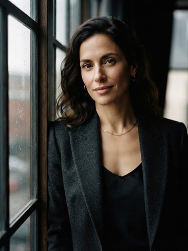 Cinematic editorial portrait of a confident woman in a dark tailored blazer, soft dramatic window light, rich monochrome tones, shallow depth of field, 85mm