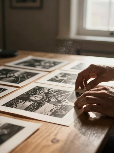 Hands of an artist arranging fine cinematic film frames on a heavy wooden desk, dramatic warm side light, atmospheric dust motes, shallow depth of field
