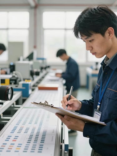 Bright natural daylight, industrial engineering student analyzing a physical production line layout with a clipboard, sharp focus, 35mm lens