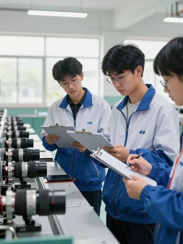 Clean industrial environment, bright natural daylight, students analyzing physical production lines with clipboards, realistic work setup, 35mm lens