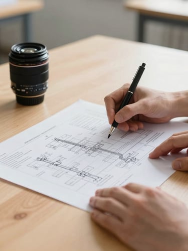 Bright natural daylight, close-up of hands-on problem solving over a printed workflow layout on a clean wooden table, 35mm lens