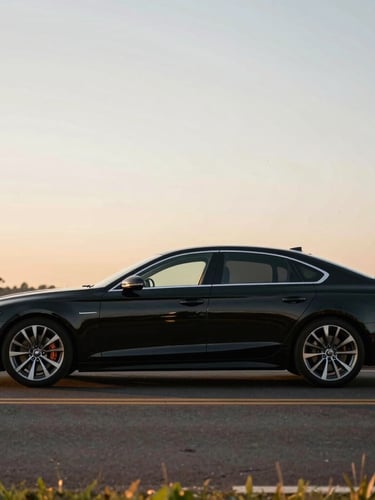 Wide elegant side-profile shot of a polished black executive sedan parked on a quiet regional highway in Minas Gerais at golden hour, soft natural light reflecting off clean car surfaces, 35mm