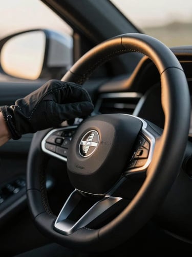 Close-up of a professional driver's gloved hand on a leather steering wheel of a modern luxury car, soft golden light entering through the window, shallow depth of field