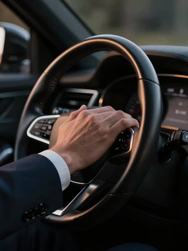 Close-up of a hand in a tailored suit on a leather steering wheel of a polished black executive sedan, low-key dramatic studio lighting, deep metallic tones, shallow depth of field, 35mm