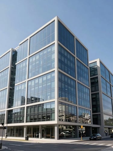 Wide architectural view of a modern, geometric corporate headquarters building with clean glass facades under a bright blue Marseille sky, daylight, premium editorial corporate photography.