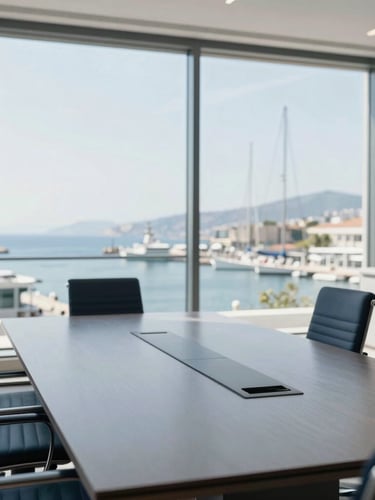 Premium editorial corporate photography of a modern, sunlit boardroom overlooking a Mediterranean harbor, bright natural daylight, sophisticated navy and cool gray tones, shallow depth of field, 35mm