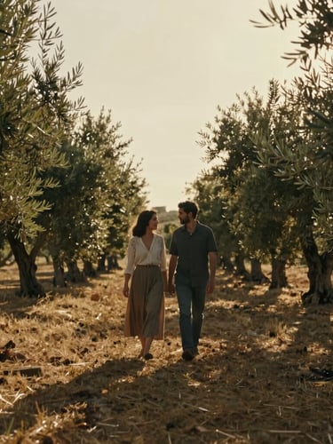 Wide environmental portrait of a couple walking through a sun-drenched olive grove in Spain, low angle, cinematic scale, dramatic golden hour backlight, soft film grain texture.