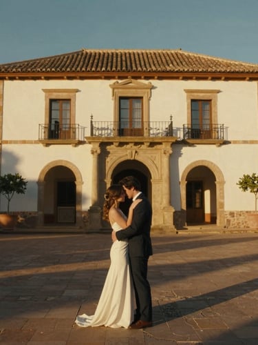 Cinematic wide shot of a couple embracing in a historic Spanish estate, golden hour light casting long shadows, warm tones, high contrast, film grain.
